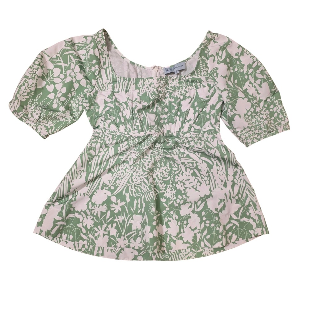 Tuckernuck Green White Floral‎ Puff Sleeve Peplum Blouse Top Small